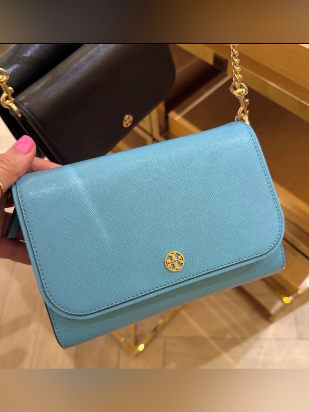 Tory Burch Saffiano Leather Crossbody in Sky Blue with Gold Hardware Chain